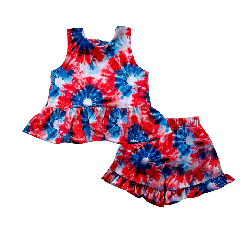 11.18 GSSO2895 Pre order No Moq Baby Girls Tie-dye Flowers Tunic Ruffle Shorts 4th of July Clothes Sets