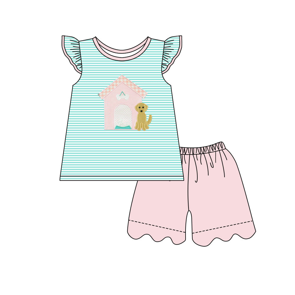 11.19 GSSO2904 Pre order No Moq Baby Girls Flutter Sleeve Stripe Dog Houses Tunic Shorts Clothes Sets