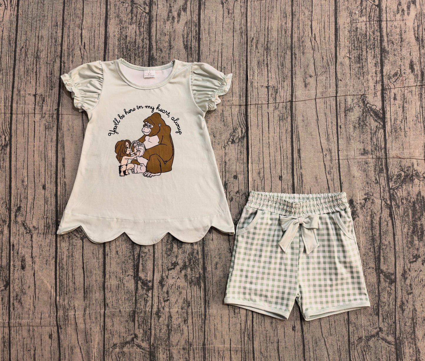 1.7 GSSO2906 Sample No Moq Baby Girls Monkeys Tunic Green Checked Pockets Shorts Clothes Sets