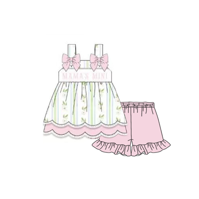 11.19 GSSO2908 Pre order No Moq Baby Girls Pink Straps Mama's Mini Tunic Ruffle Shorts Clothes Sets