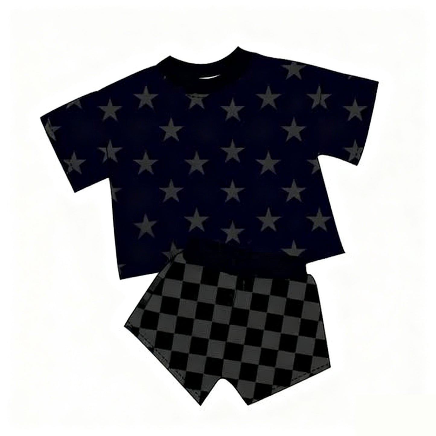 11.20 GSSO2913 Pre order No Moq Baby Girls Stars Short Sleeve Top Checked Shorts Western Clothes Sets