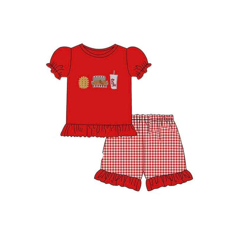 11.21 GSSO2920 Pre order No Moq Baby Girls Chicken Drink Top Red Checked Ruffle Shorts Clothes Sets