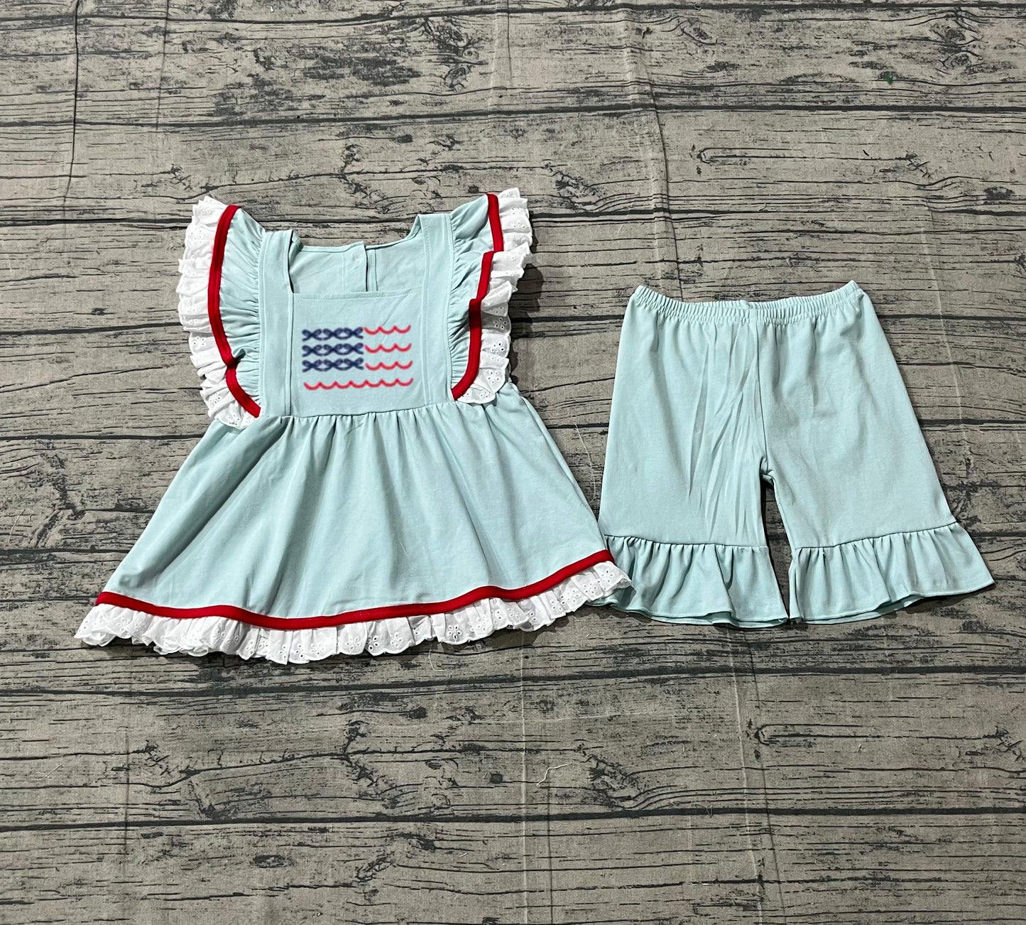 1.6 GSSO2926 Sample No Moq Baby Girls Blue Flutter Sleeve Flags Tunic Ruffle Shorts 4th of July Clothes Sets