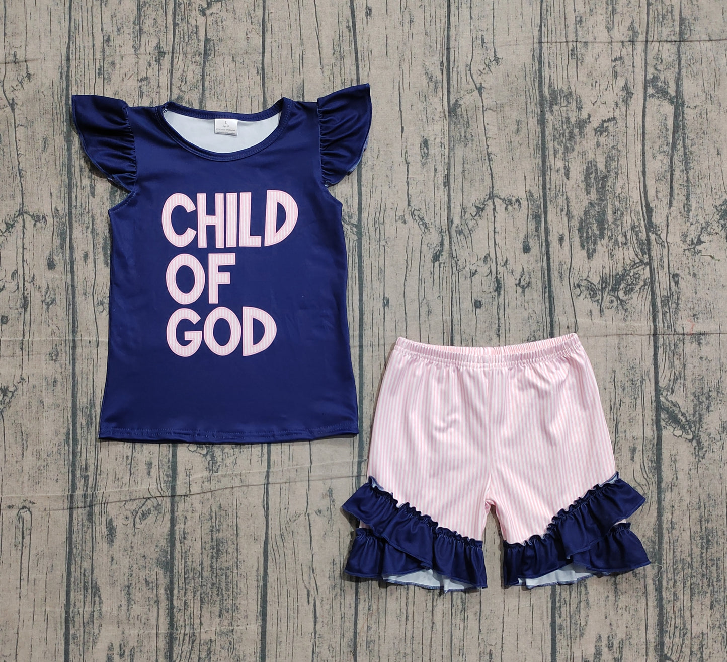 1.15 GSSO2933 Sample No Moq Baby Girls Child of God Top Ruffle Shorts Easter Clothes Sets