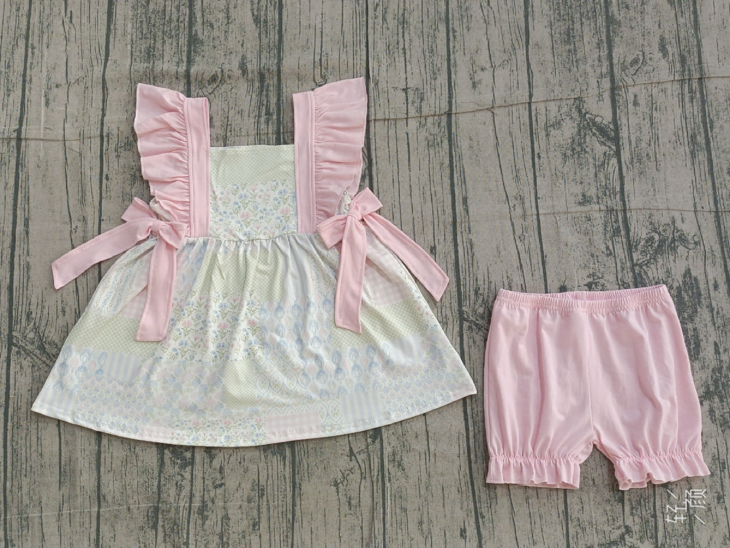 1.12 GSSO2951 Sample No Moq Baby Girls Bows Flowers Checked Tunic Ruffle Shorts Clothes Sets
