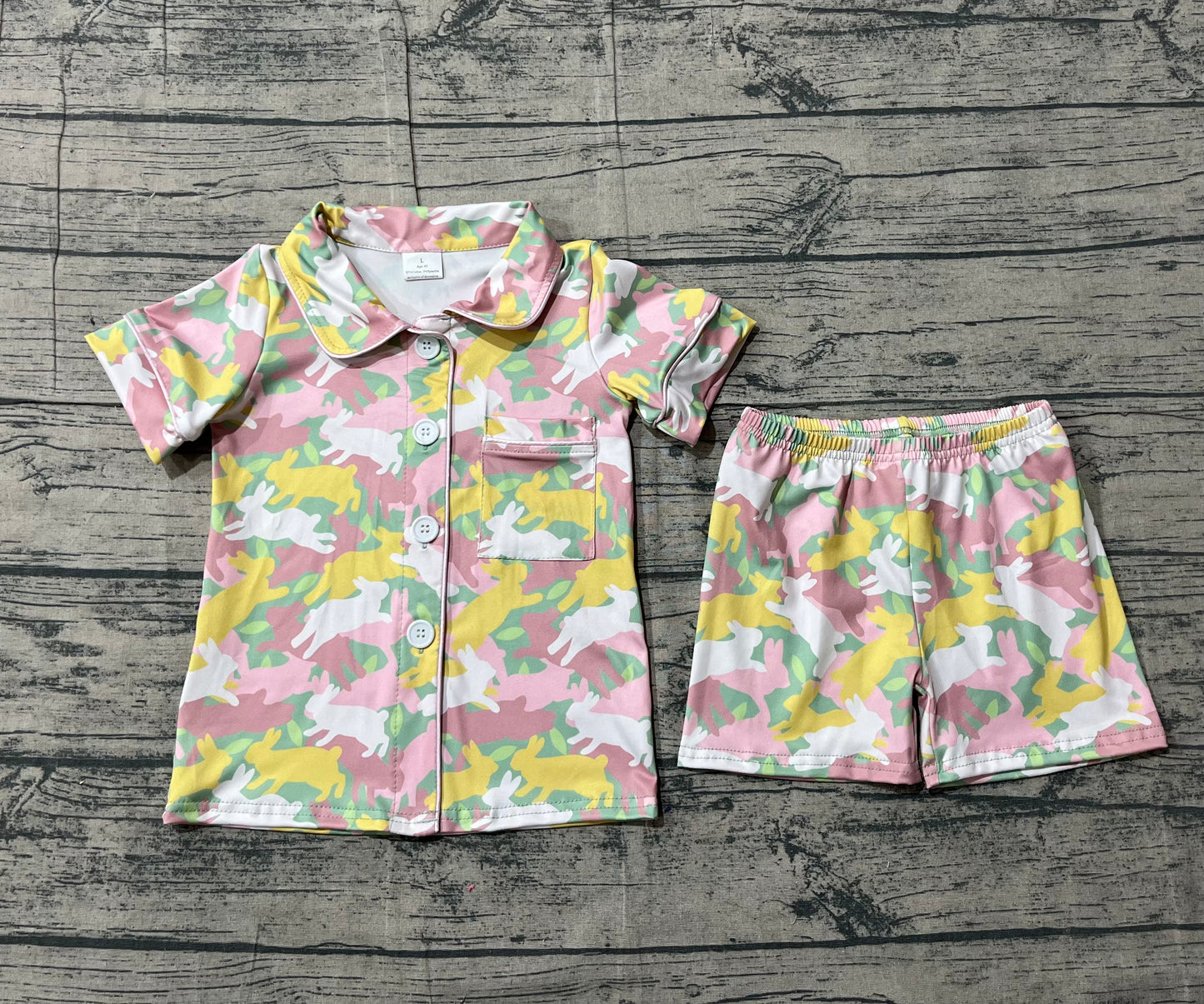 12.20 GSSO2972 Sample No Moq Baby Girls Rabbits Camo Button Pocket Top Shorts Easter Pajamas Sets