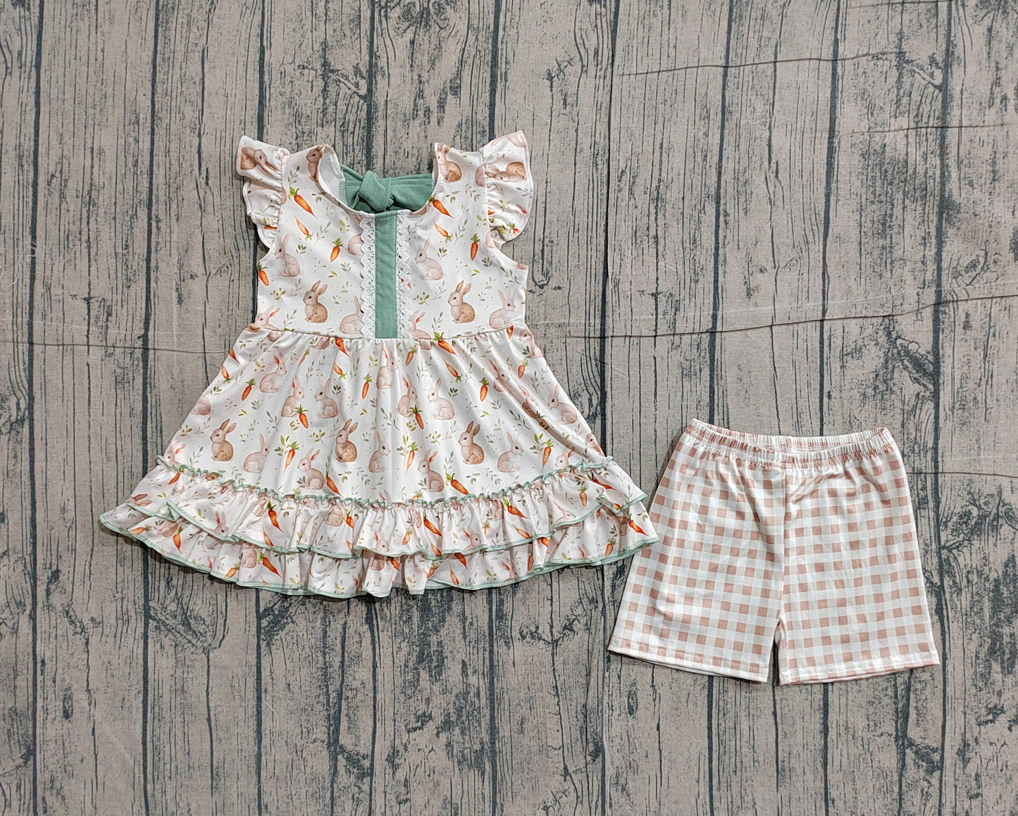 1.22 GSSO2980 Sample No Moq Baby Girls Carrot Rabbits Button Back Bows Tunic Checked Shorts Easter Sets