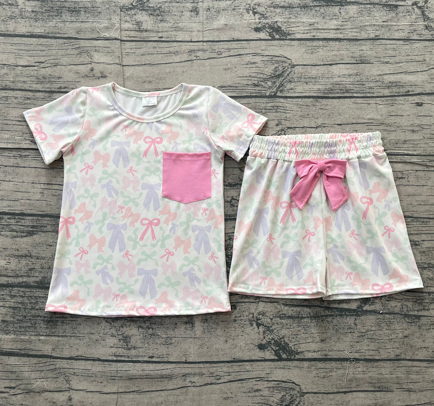 12.15 GSSO2990 Sample No Moq Baby Girls Colorful Bows Pocket Top Shorts Clothes Sets