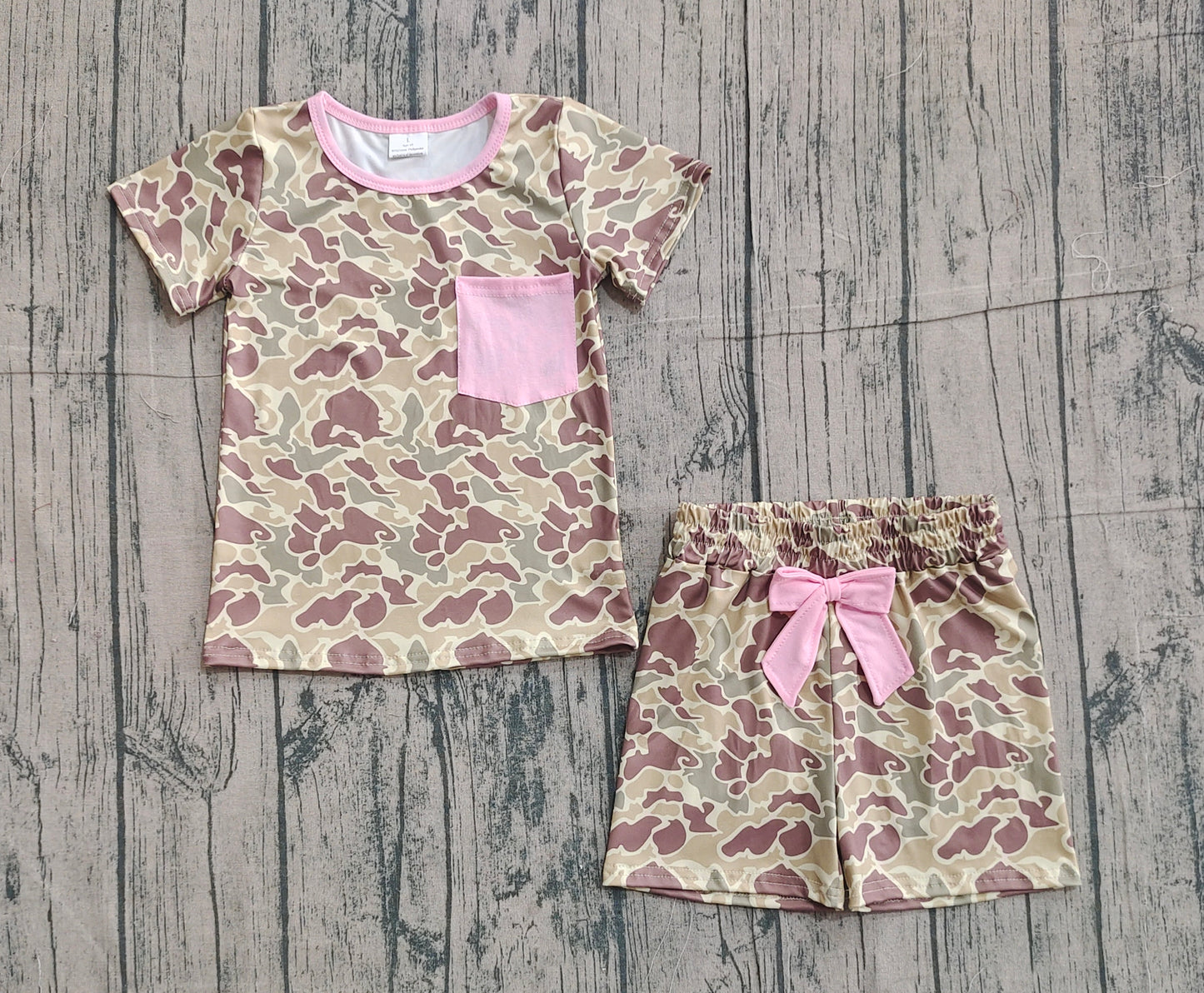 12.17 GSSO2994 Sample No Moq Baby Girls Southern Khaki Camo Pocket Top Shorts Pajamas Sets