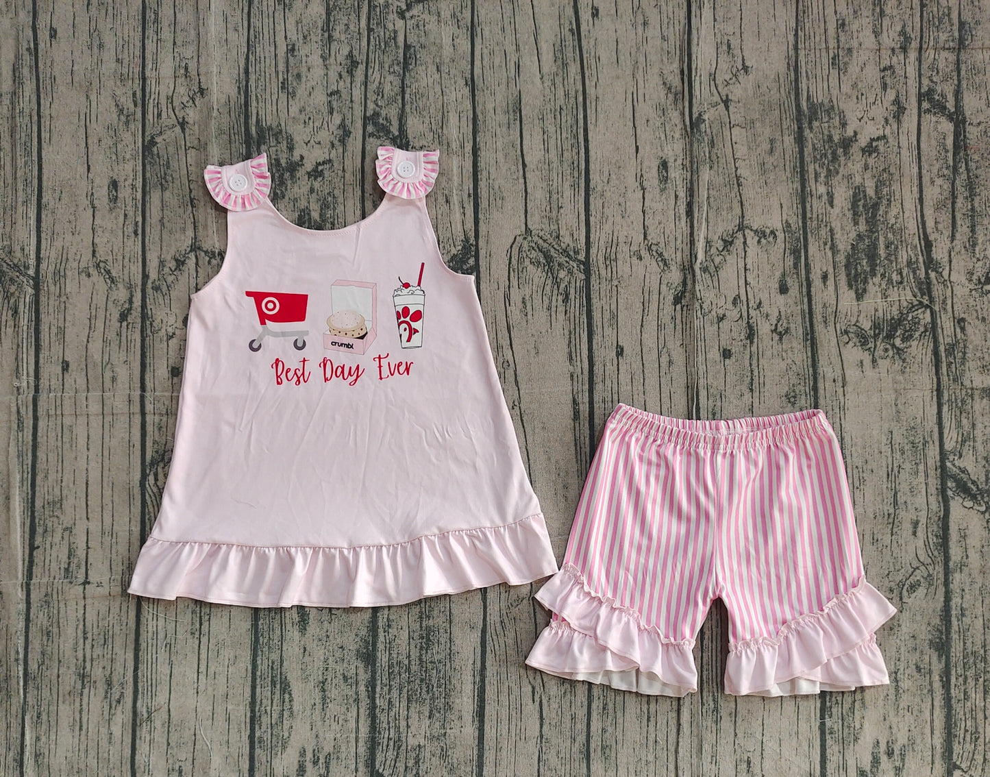 12.29 GSSO3008 Sample No Moq Baby Girls Best Day Ever Chicken Tunic Stripe Ruffle Shorts Clothes Sets