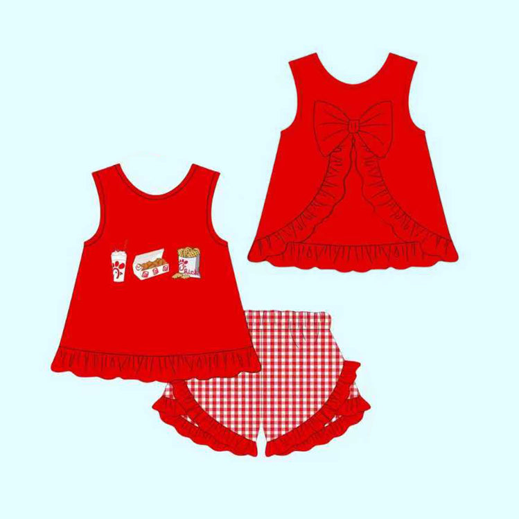 12.9 GSSO3009 Pre order No Moq Baby Girls Chip Chicken Back Bows Tunic Checked Ruffle Shorts Clothes Sets