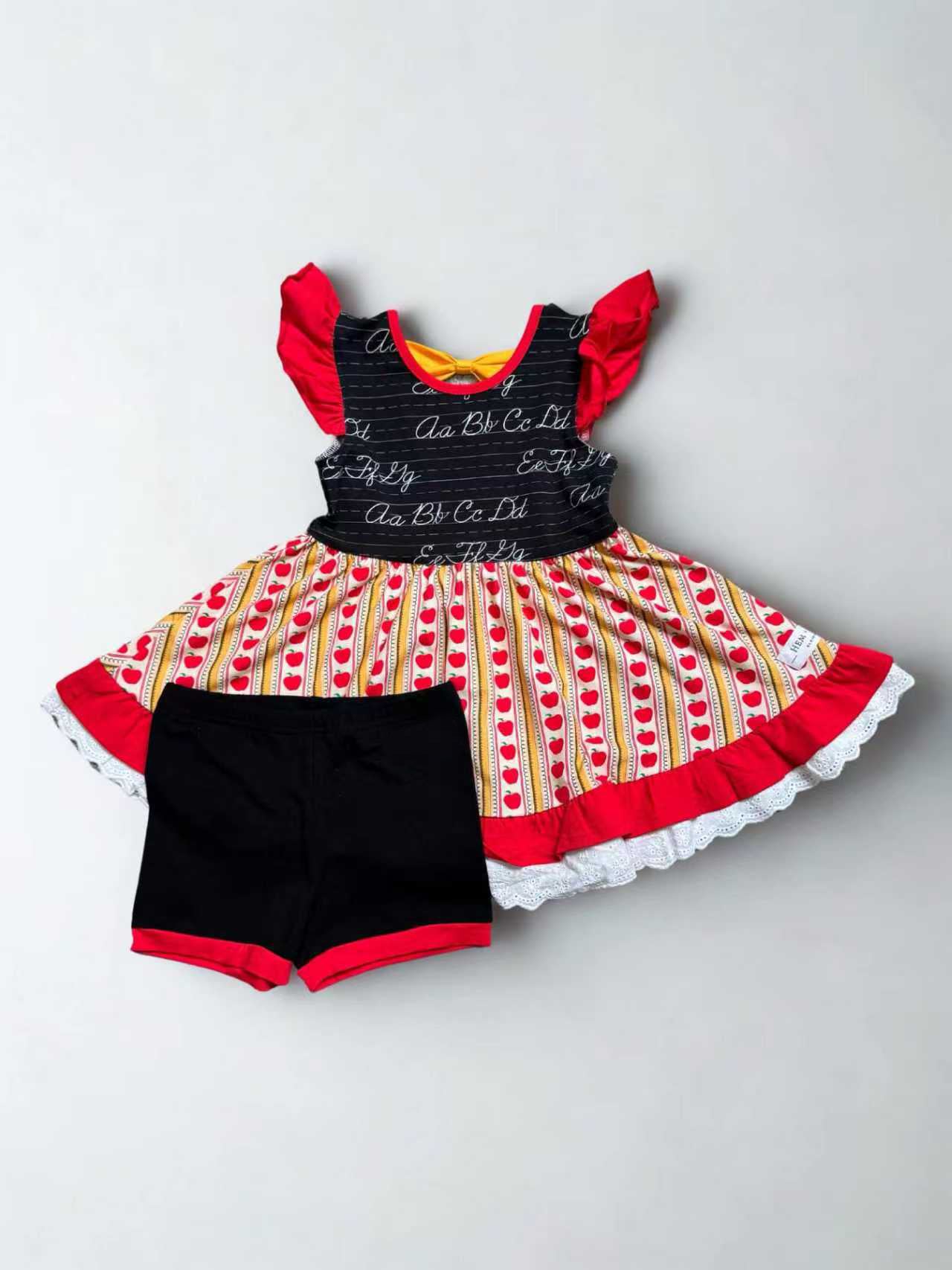 12.9 GSSO3011 Pre order No Moq Baby Girls ABC Apples Stripe Tunic Checked Shorts Back to School Clothes Sets
