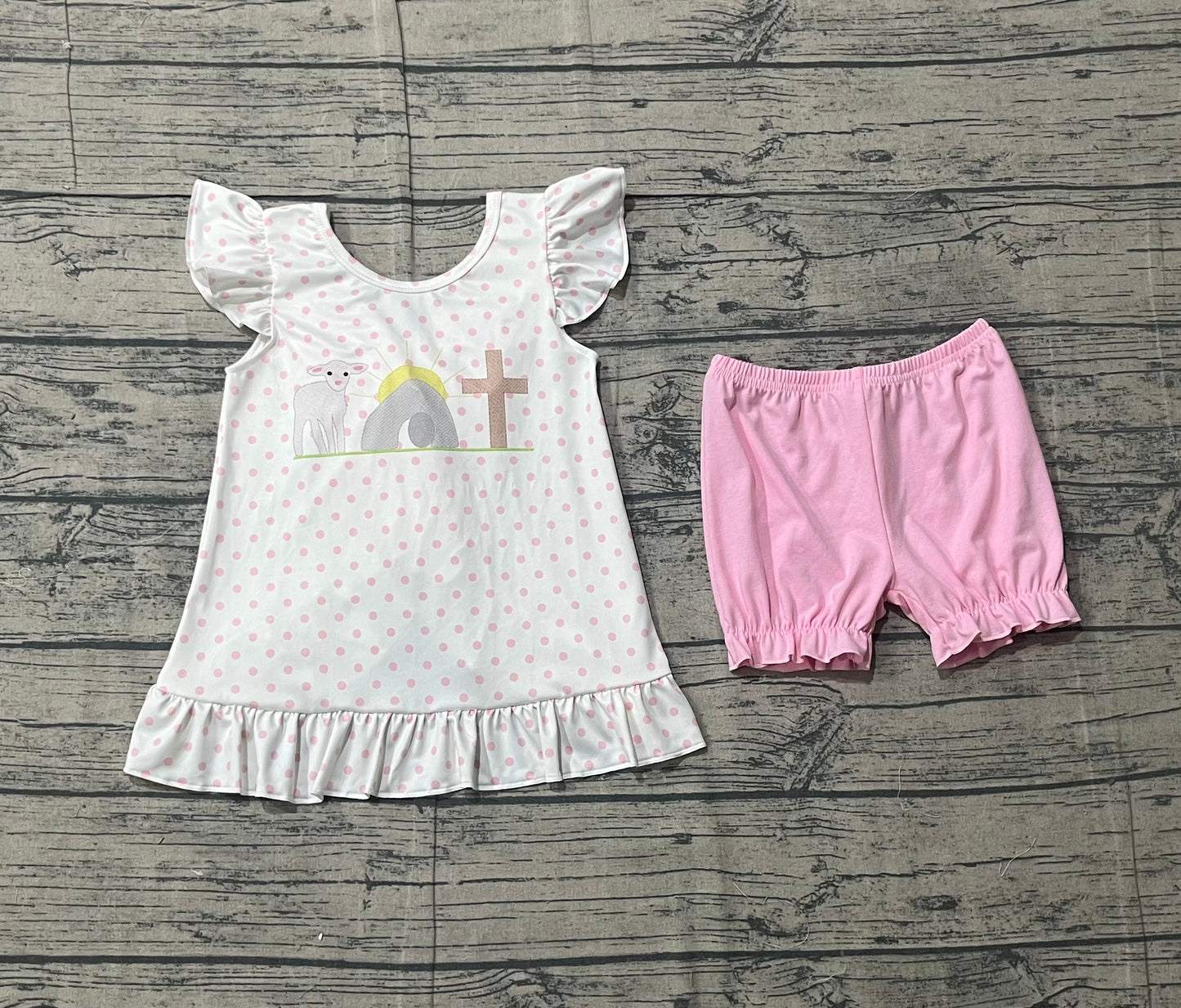 1.14 GSSO3018 Sample No Moq Baby Girls Cross Polka Dots Back Bow Tunic Ruffle Shorts Easter Clothes Sets