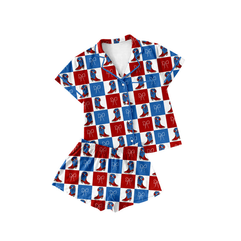 12.13 GSSO3023 Pre order No Moq Baby Girls Bow Boots Checked Button To Shorts 4th of July Pajamas Set