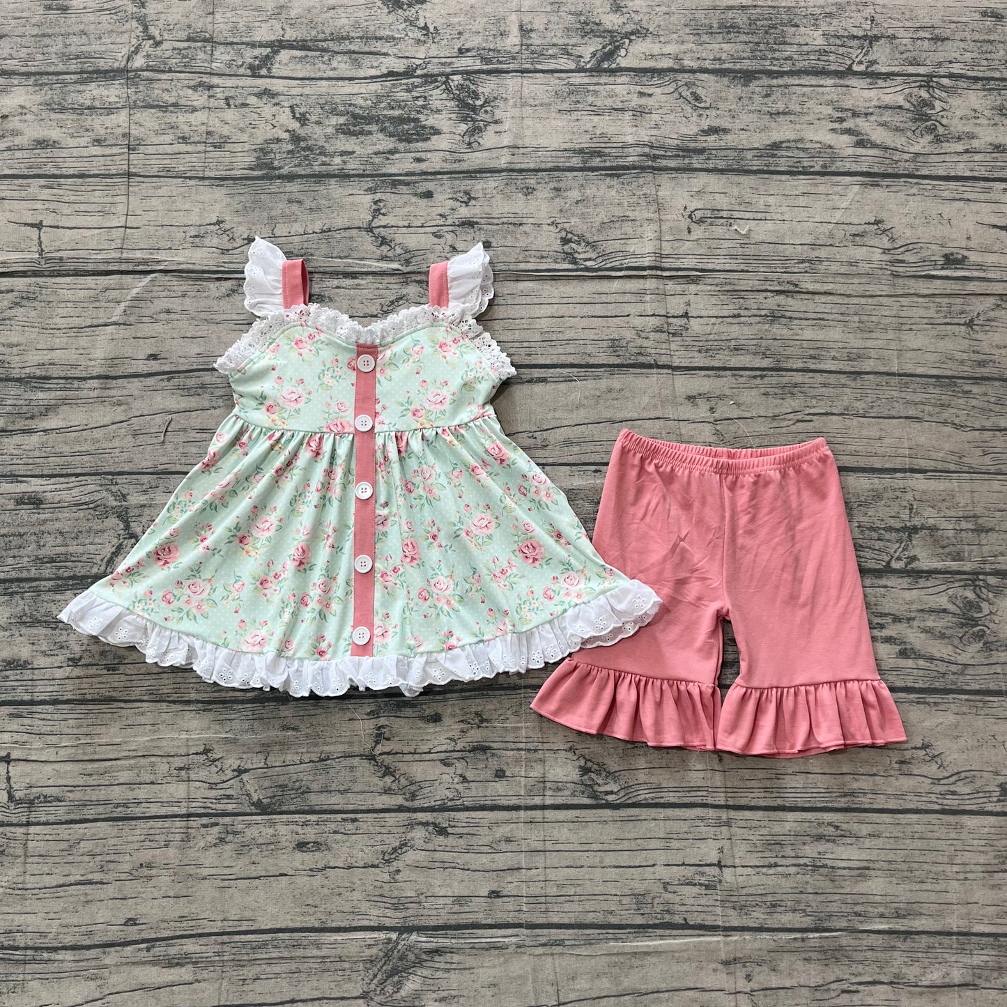 3.16 GSSO3036 Sample No Moq Baby Girls Summer Fashion Strap Colorful Flowers Button Tunic Ruffle Shorts Clothes Sets