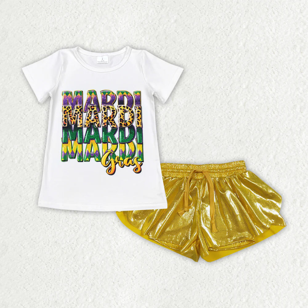 3.18 RTS Sibling Baby Girls Short Sleeve Mardigras Top Ruffle Shorts Clothes Sets