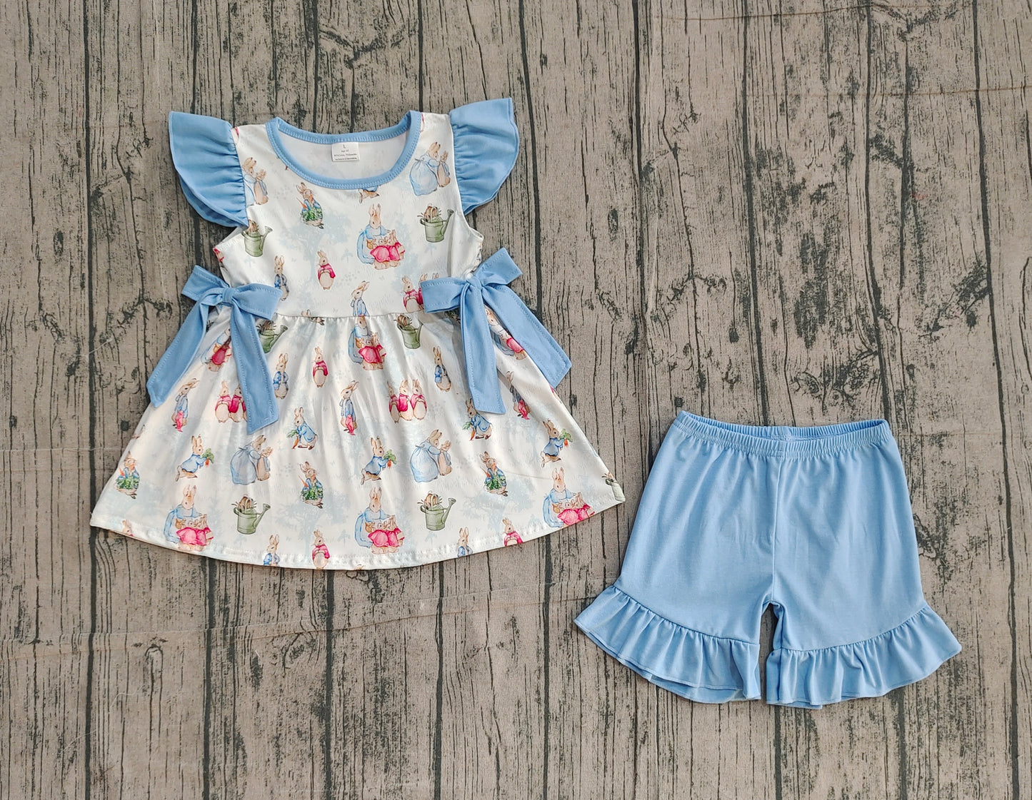 12.29 GSSO3055 Sample No Moq Baby Girls Flutter Sleeve Rabbits Bows Tunic Ruffle Shorts Easter Clothes Sets