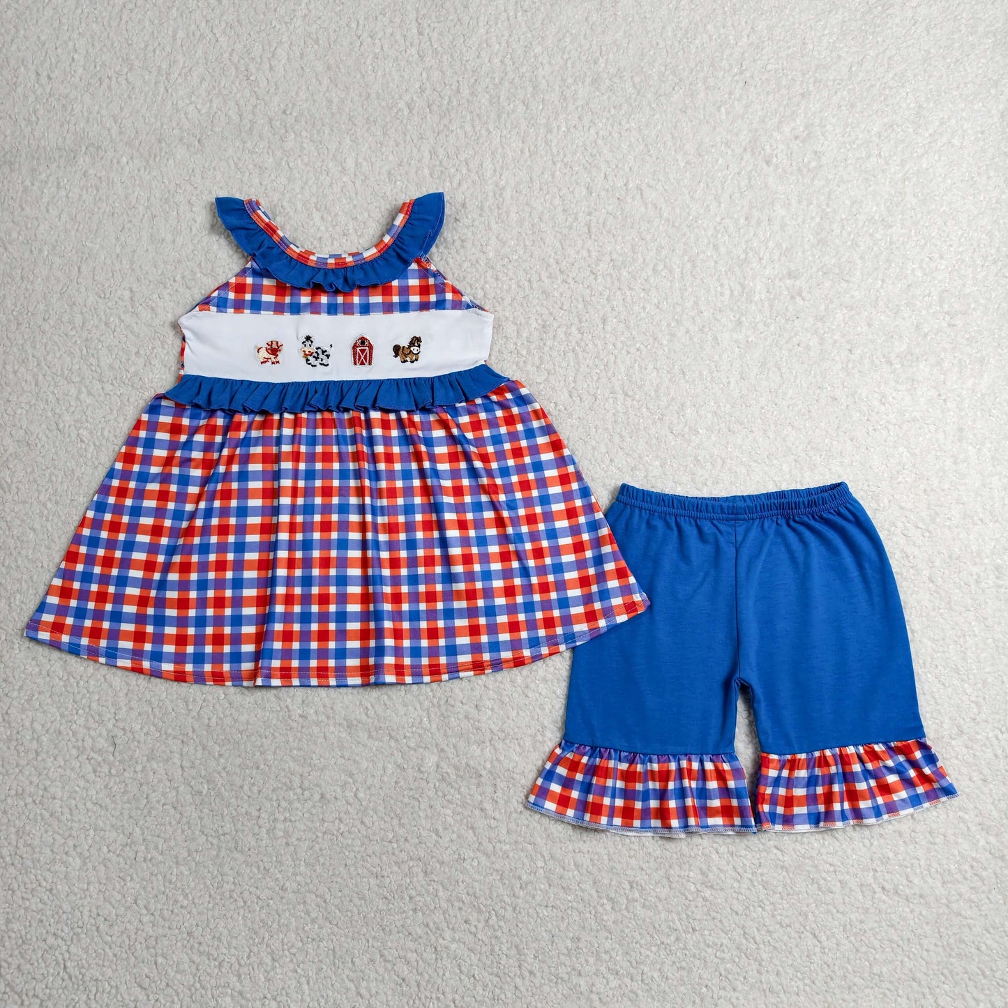 GSSO3056RTS NO MOQ (In stock) Baby Girls Summer Fashion Sleeveless Embroidery Farm Checked Tunic Ruffle Shorts Clothes Sets
