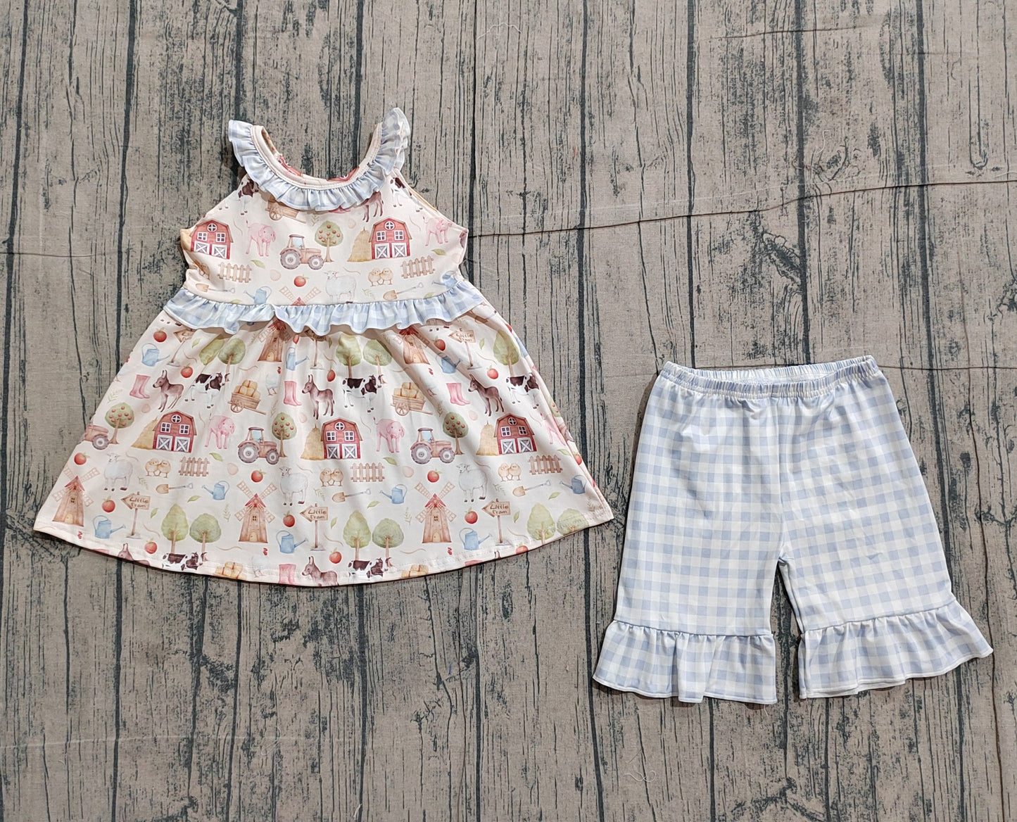 3.21 GSSO3077 Sample No Moq Baby Girls Summer Fashion Sleeveless Farm Collar Tunic Ruffle Checked Shorts Clothes Sets