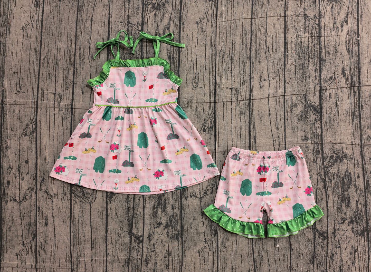 1.7 GSSO3099 Sample No Moq Baby Girls Strap Pink Checked Golf Flags Tunic Ruffle Shorts Clothes Sets