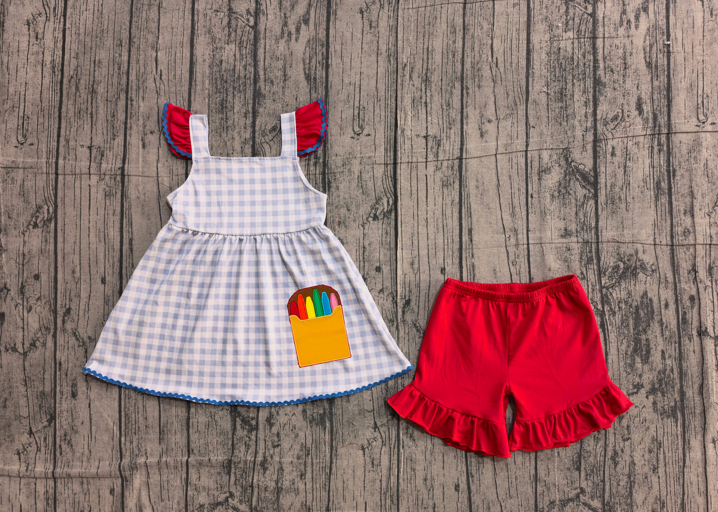 1.7 GSSO3101 Sample No Moq Embroidery Pencils Baby Girls Checked Tunic Ruffle Shorts Back to School Clothes Sets