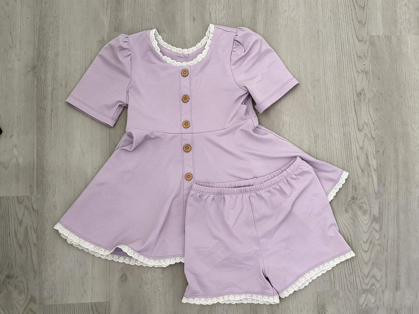1.5 GSSO3107 Pre order No Moq Baby Girls Lavender Button Tunic Ruffle Shorts Clothes Sets