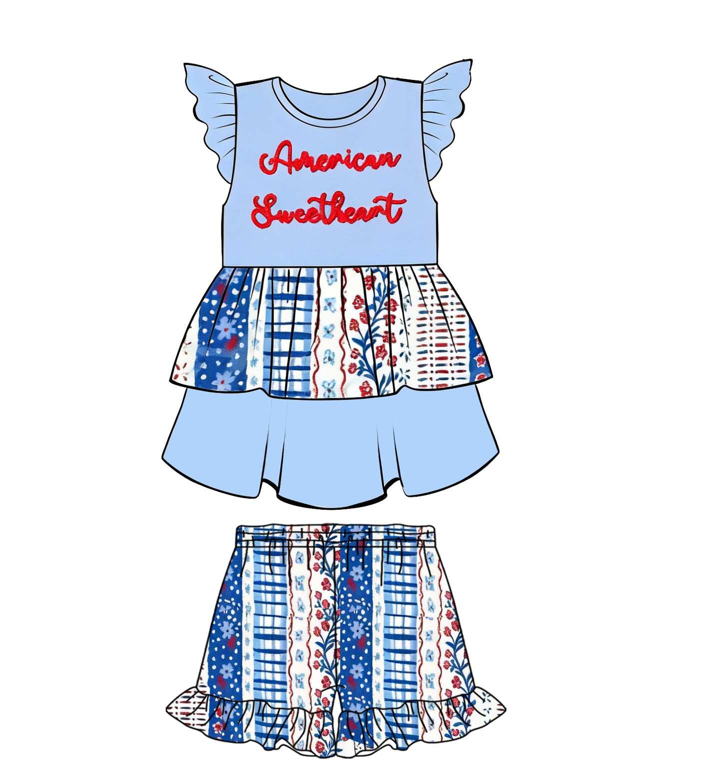1.5 GSSO3108 Pre order No Moq Baby Girls American Sweethearts Tunic Ruffle Shorts 4th of July Clothes Sets