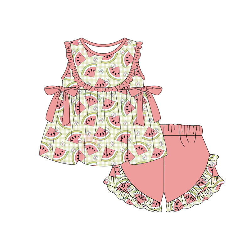 1.6 GSSO3118 Pre order No Moq Baby Girls Green Checked Flowers Watermelons Tunic Ruffle Shorts Clothes Sets