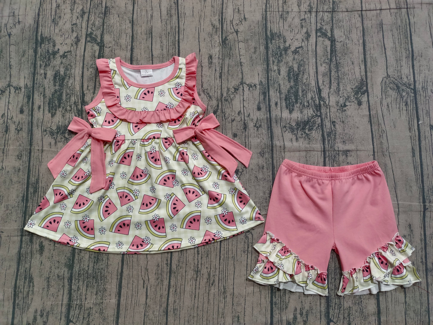 1.21 GSSO3118 Sample No Moq Baby Girls Green Checked Flowers Watermelons Tunic Ruffle Shorts Clothes Sets