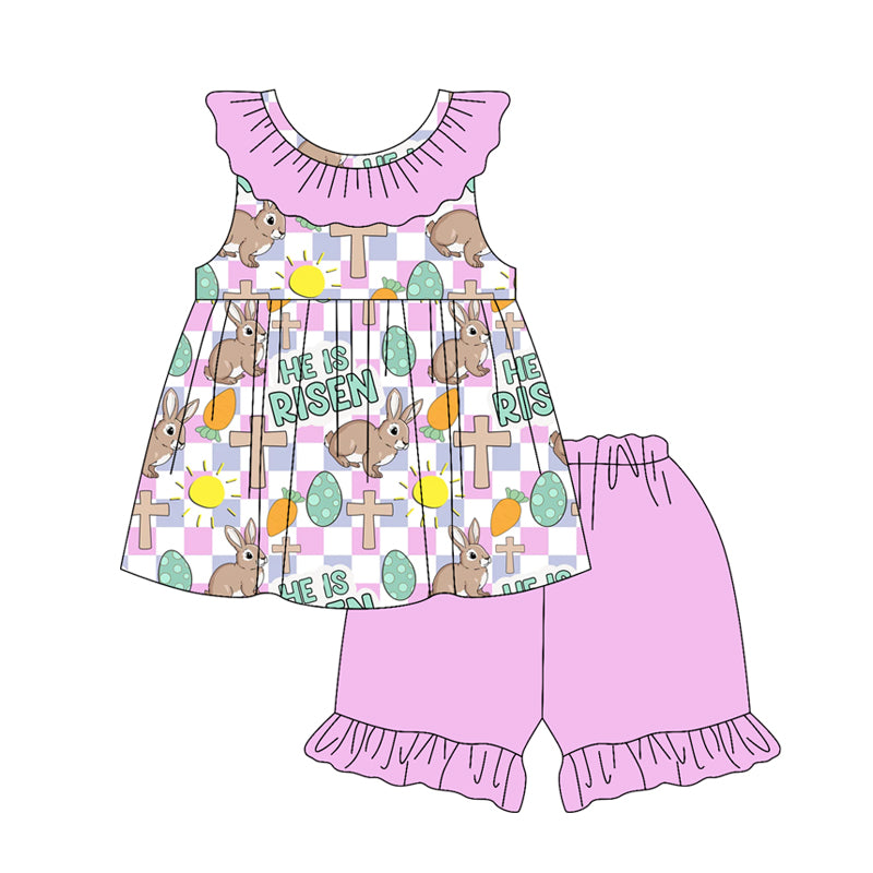 1.6 GSSO3119 Pre order No Moq Baby Girls Pink Checked Cross Rabbits Tunic Ruffle Shorts Easter Clothes Sets