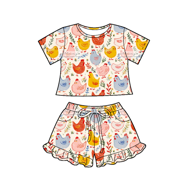 1.6 GSSO3122 Pre order No Moq Baby Girls Flowers Chicks Top Pockets Ruffle Shorts Farm Clothes Sets