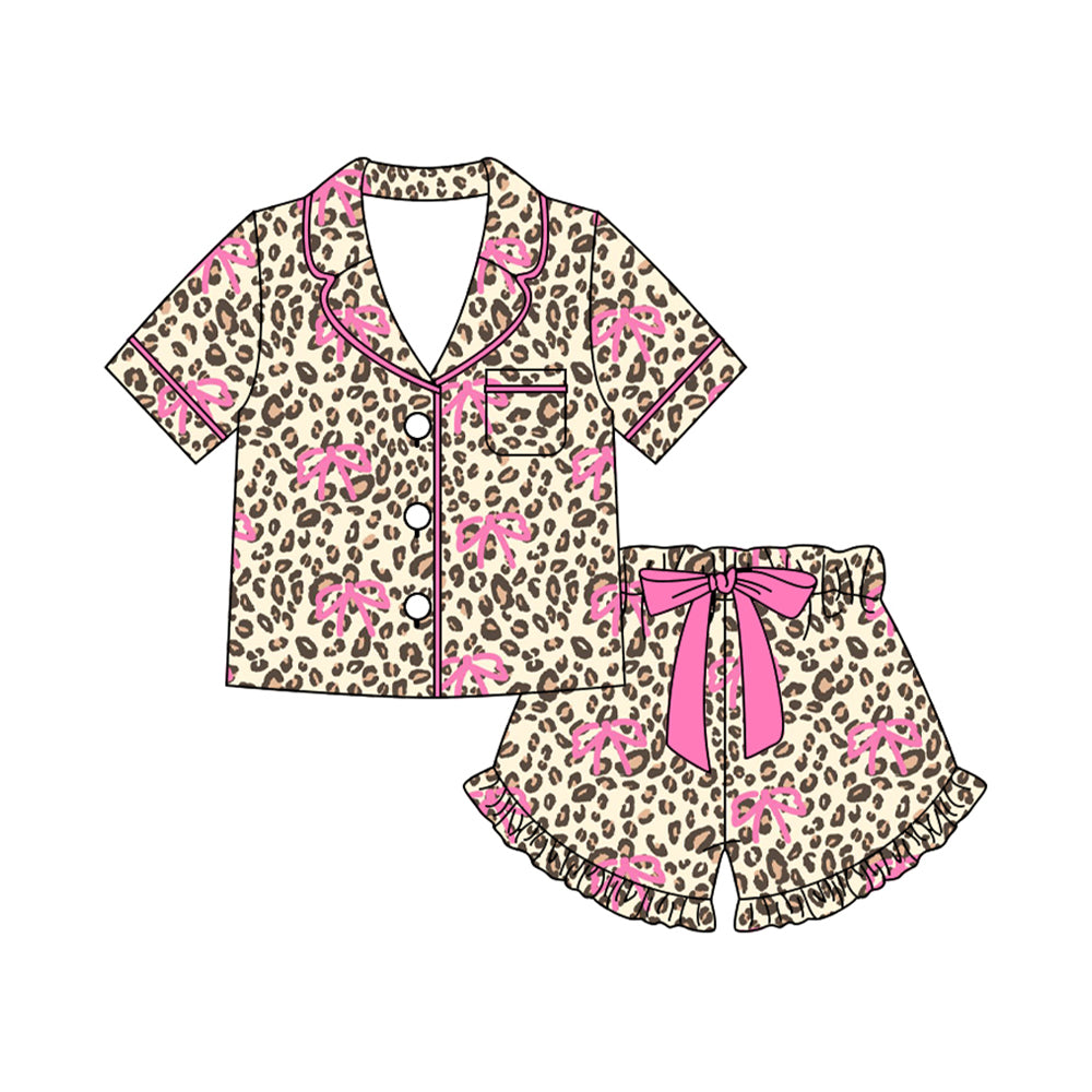 1.6 GSSO3125 Pre order No Moq Baby Girls Pink Bows Leopard Button Pocket Top Ruffle Shorts Pajamas Sets