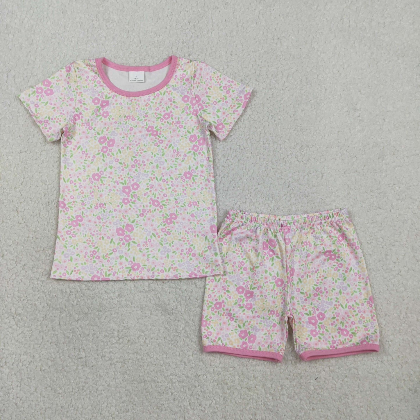 2.10 RTS NO MOQ (In stock)GSSO3129 Kids Clothing for Girls Baby Girls Short Sleeve Pink Flowers Top Shorts Pajamas Clothes Sets
