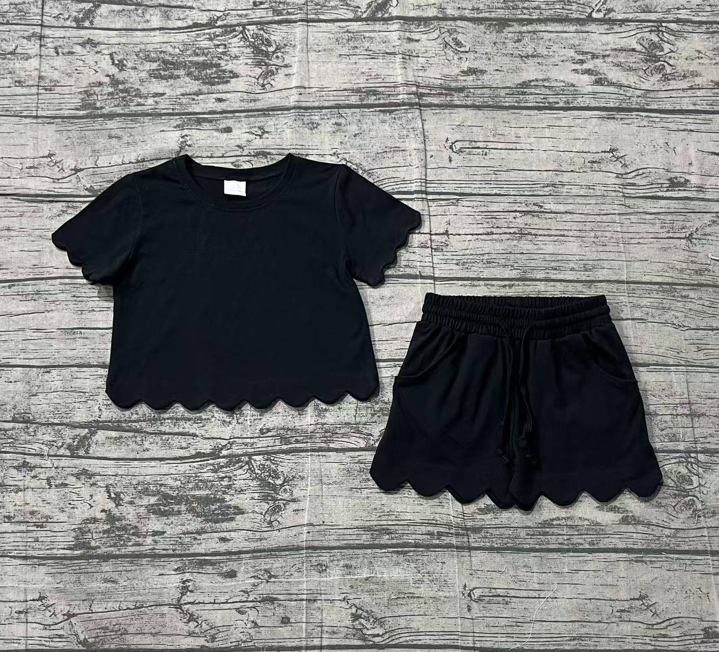 1.26 GSSO3172 Sample No Moq Baby Girls Short Sleeve Black Shirts Top Scallop Shorts Clothes Sets