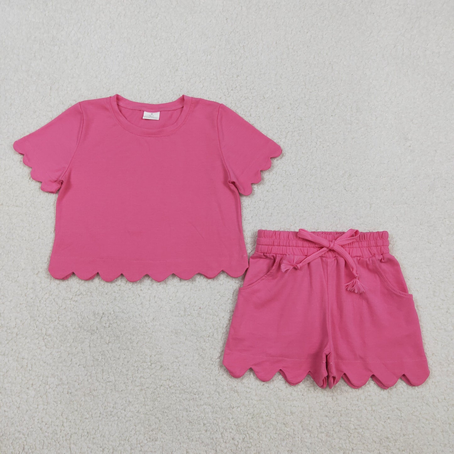 2.10 RTS NO MOQ (In stock)GSSO3176 Kids Clothing for Girls Baby Girls Hot Pink Short Sleeve Shirt Top with Scallop Shorts Outfit Set for Toddlers