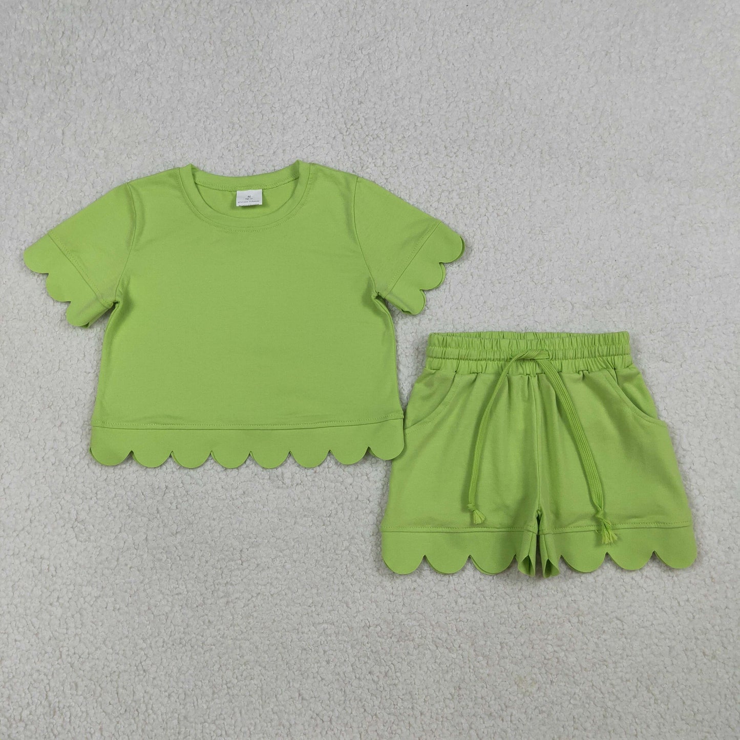 3.21 RTS NO MOQ (In stock)GSSO3179 Kids Clothing for Baby Girls Short Sleeve Green Shirts Top Shorts Scallop Clothes Sets