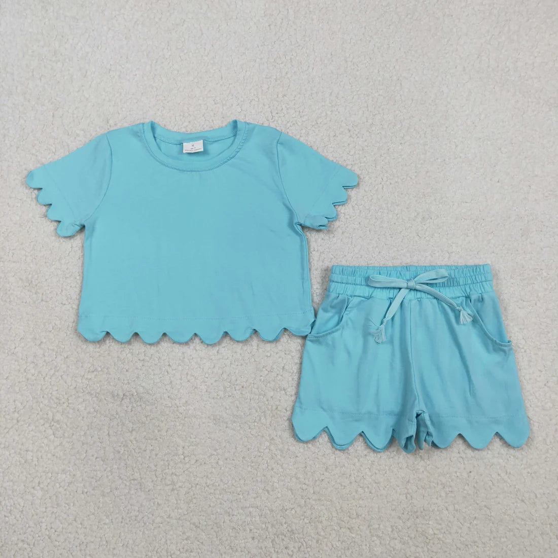 2.27 RTS Sibling Baby Girls Scallop Short Sleeve Top Pockets Shorts Clothes Sets