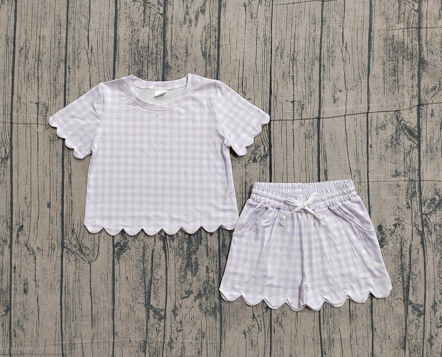 1.22 GSSO3181 Sample No Moq Baby Girls Short Sleeve Lavender Checked Shirts Top Scallop Shorts Clothes Sets