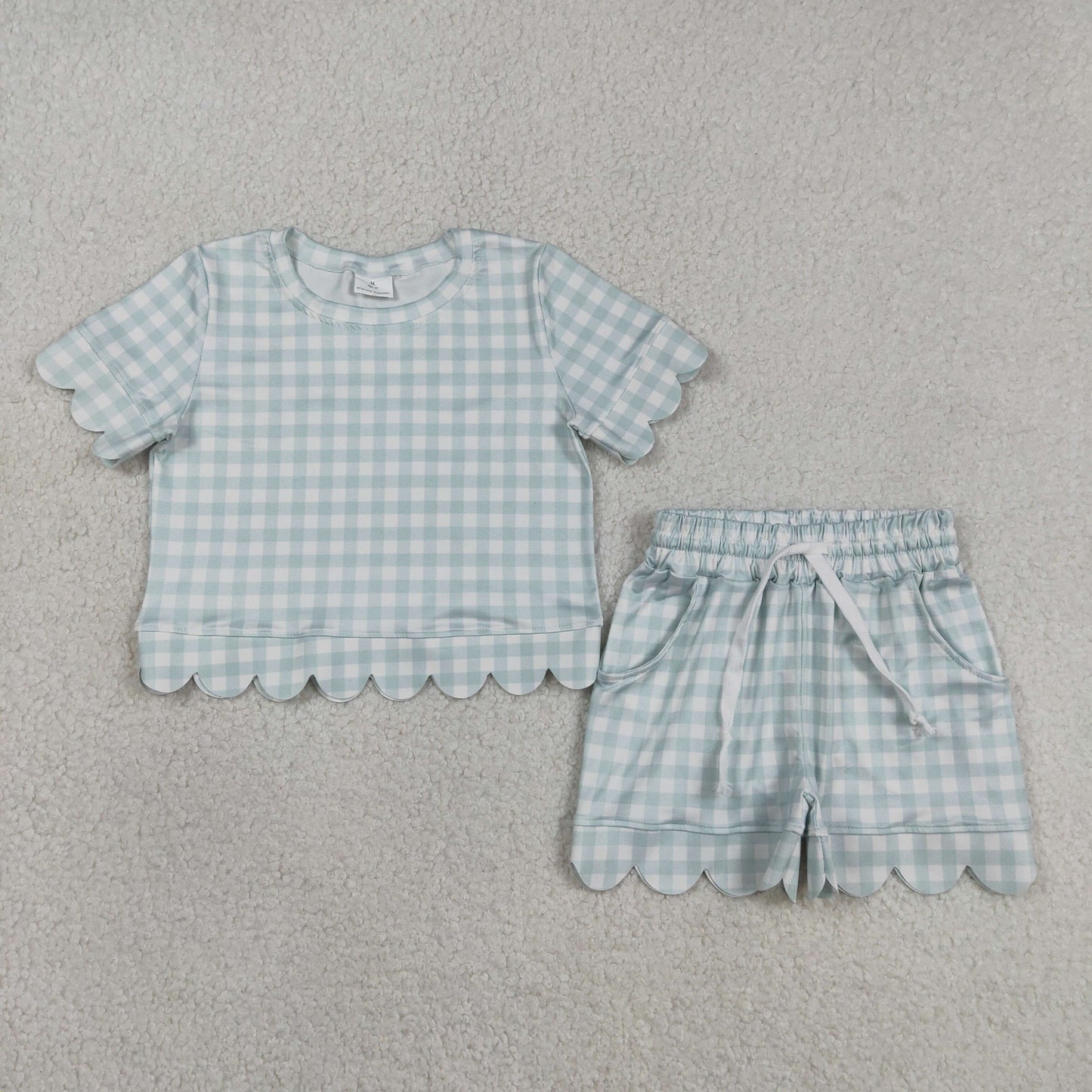 3.13 RTS NO MOQ (In stock)GSSO3184 Kids Clothing for Baby Girls Short Sleeve Blue Checked Top Scallop Pockets Shorts Clothes Sets
