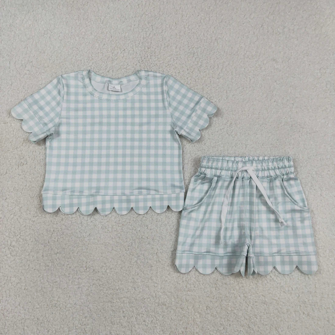 3.20 RTS Sibling Baby Girls Colorful Checked Scallop Shirts Top Pockets Short Pajamas Clothes Sets