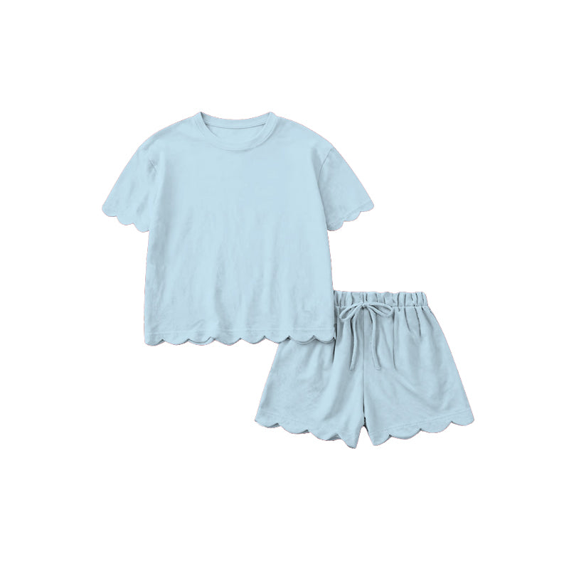 1.16 RTS NO MOQ (In stock)GSSO3202 Adult Women Light Blue Shorts Sleeve Shirts Top Scallop Short Clothes Sets