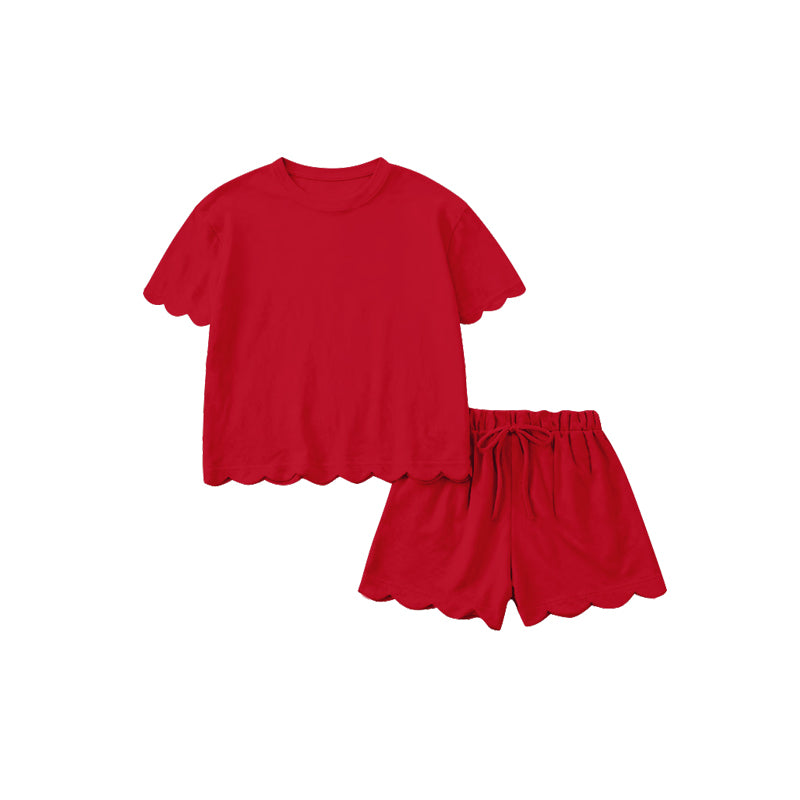 1.16 RTS NO MOQ (In stock)GSSO3205 Adult Women Red Shorts Sleeve Shirts Top Scallop Short Clothes Sets