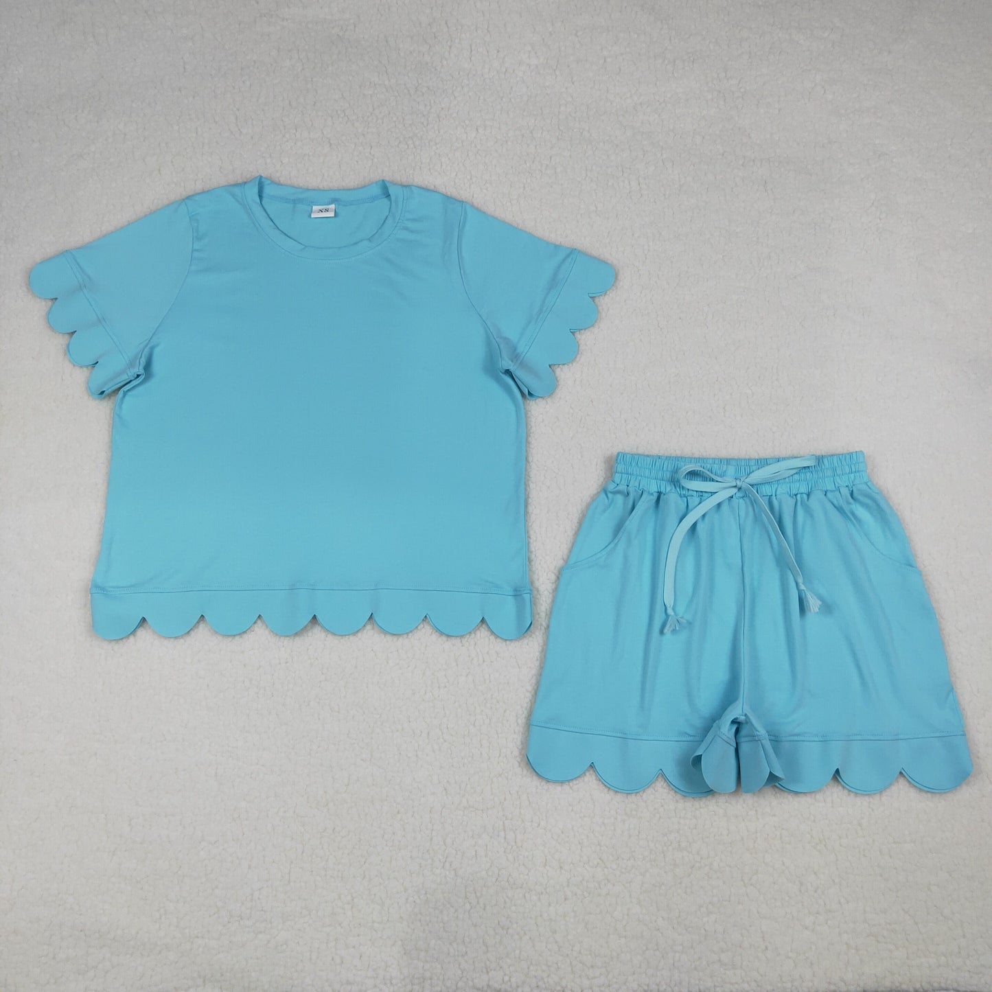 4.10 GSSO3208 RTS NO MOQ (In stock)Aqua scallop top shorts adult women summer outfits