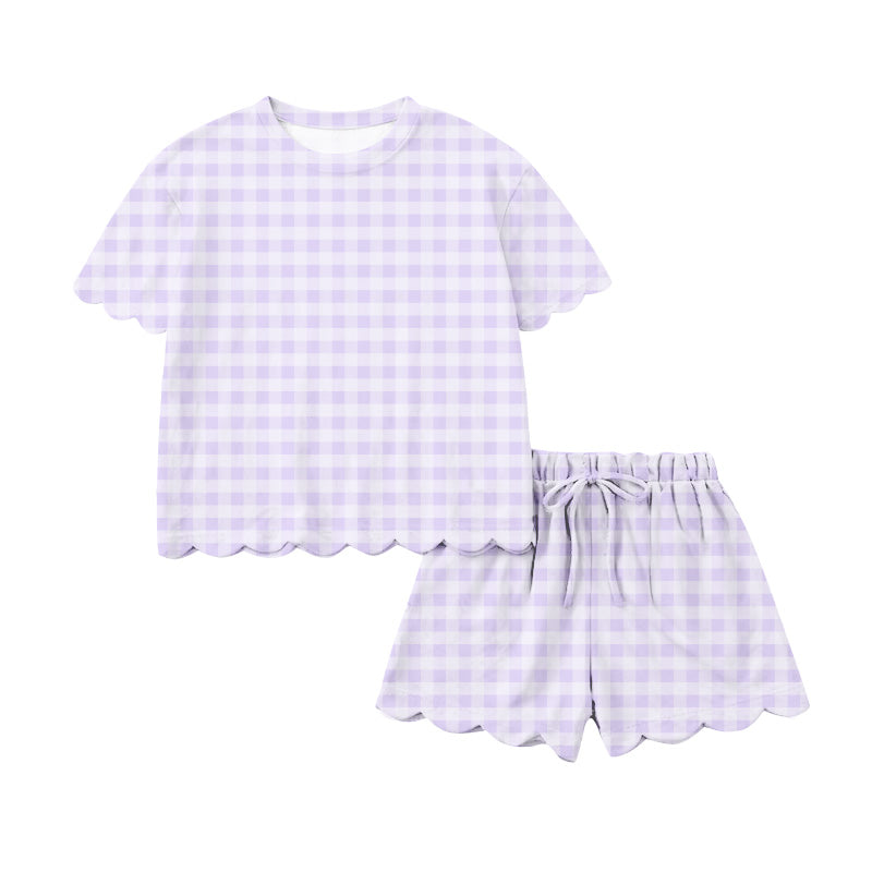 1.17 RTS NO MOQ (In stock)GSSO3214 Adult Women Lavender Checked Top Scallop Short Clothes Sets
