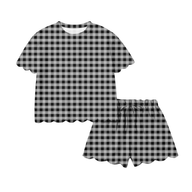 1.17 RTS NO MOQ (In stock)GSSO3215 Adult Women Black Checked Top Scallop Short Clothes Sets