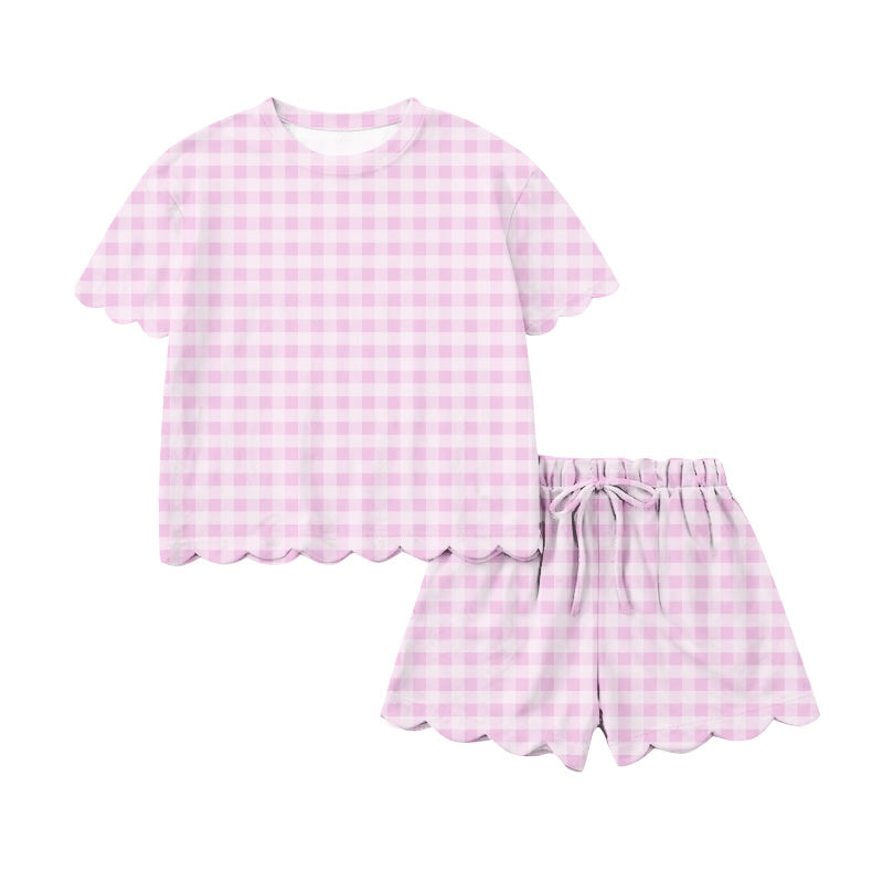 1.17 RTS NO MOQ (In stock)GSSO3216 Adult Women Light Pink Checked Top Scallop Short Clothes Sets