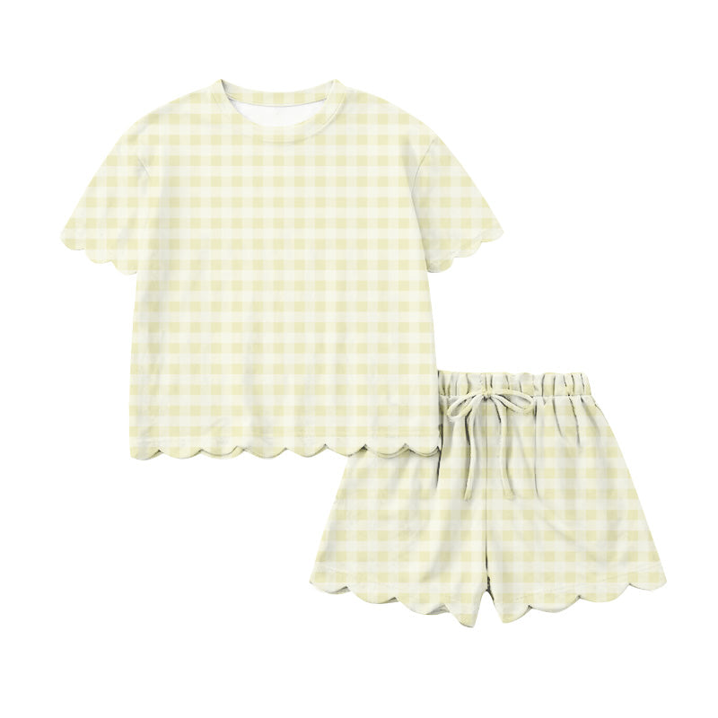 1.17 RTS NO MOQ (In stock)GSSO3218 Adult Women Yellow Checked Top Scallop Short Clothes Sets