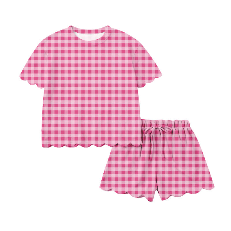 1.17 RTS NO MOQ (In stock)GSSO3219 Adult Women Pink Checked Top Scallop Short Clothes Sets