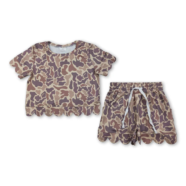 RTS Sibling Baby Girls Short Sleeve Shirts Top Pockets Short Scallop Clothes Sets