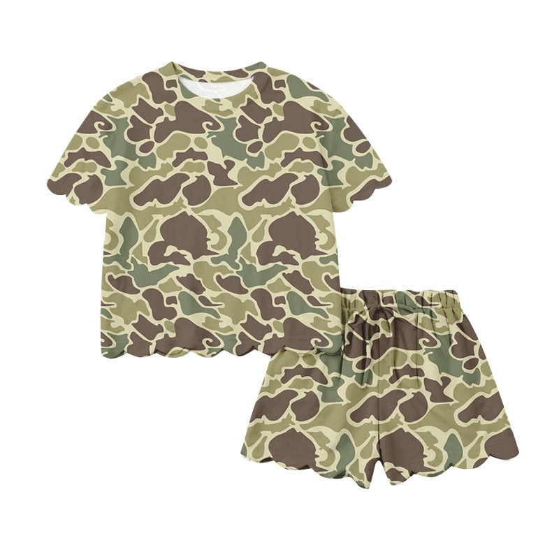 1.20 RTS NO MOQ (In stock)GSSO3230 Adult Women Southern Green Camo Top Scallop Short Clothes Sets